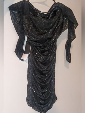 Black Sparkle Ruched Off-Shoulder Dress